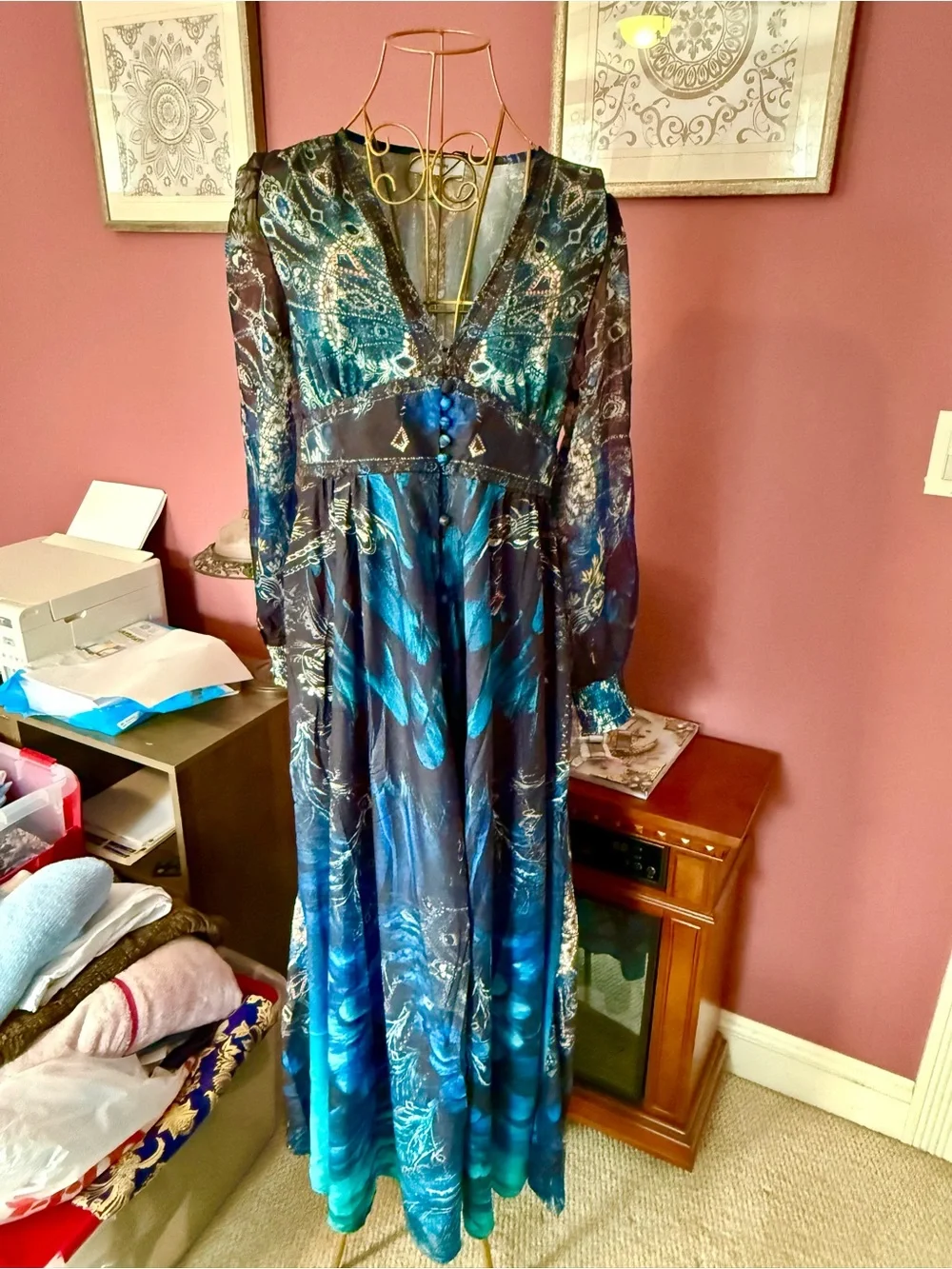 Vivid Blue Deep V Maxi Dress with full button front, semi sheer sleeves NWT LG